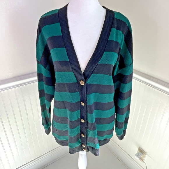 Sag Harbor Black‎ & Green Cardigan Preppy School Girl 90s Vintage Women Size M - Picture 1 of 11
